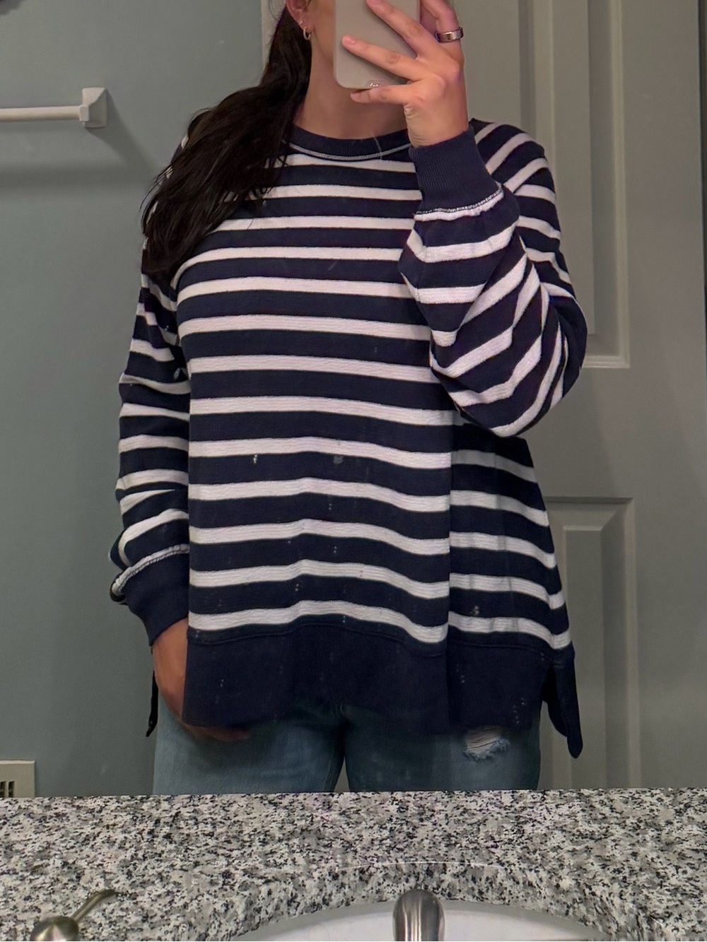 aerie Navy & White Striped Crewneck Sweater